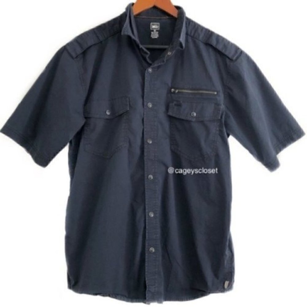 REI Shirt M Short Sleeve Utility Snap Button Navy Unisex Outdoors Zipper Cotton